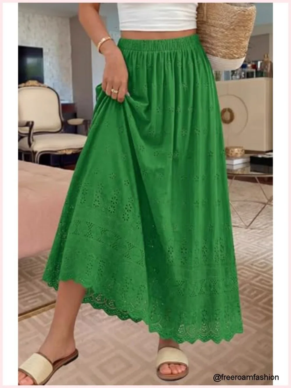 Women Boho Eyelet A-Line Flowy Maxi Skirt Cotton High Waist